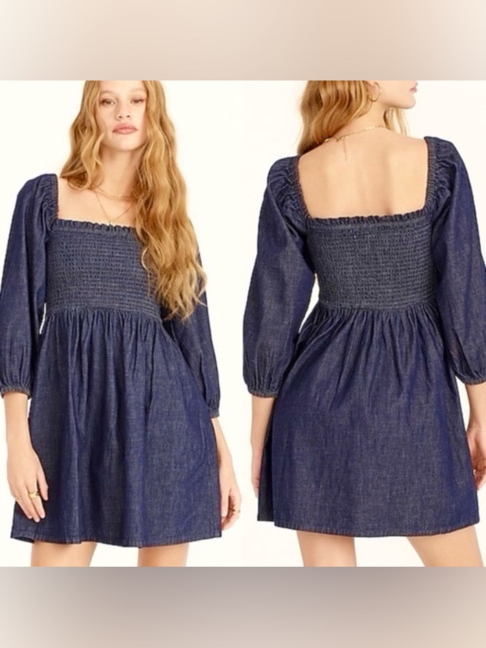 J.Crew Size XXS Smocked Puff Sleeve Mini Dress in Chambray Blue 100% Cotton NWT